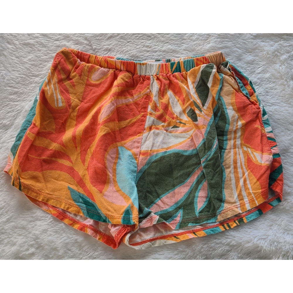 Vitamin A Womens Tropical Palm Print Linen Blend Shorts Orange Teal Small